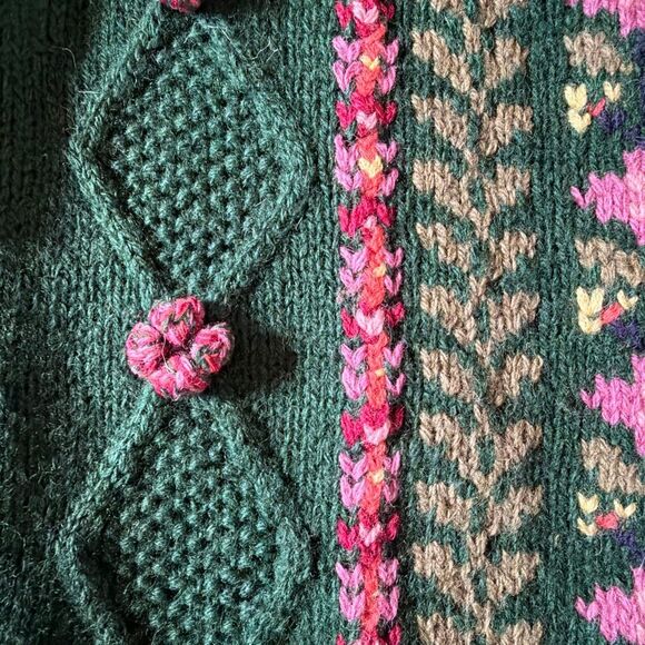 Vintage Woodstock International Forest Green Handknit Wool Floral Cardigan Sweat - Picture 3 of 8